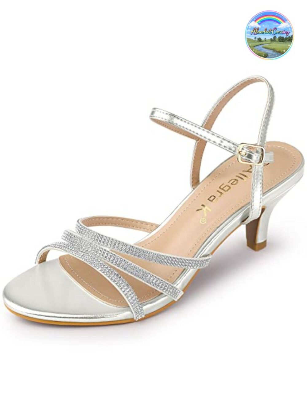 Kitten Heel Sandals Ankle Strap Rhinestone Open Toe Buckle PU